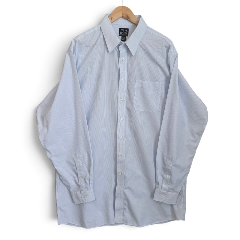 Jos‎ A Bank Dress Shirt Mens 17.5 37 Blue Striped Button Up Traveler Career